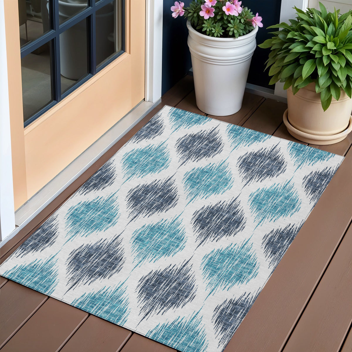 3' X 5' Teal Blue And Ivory Ikat Washable Indoor Outdoor Area Rug