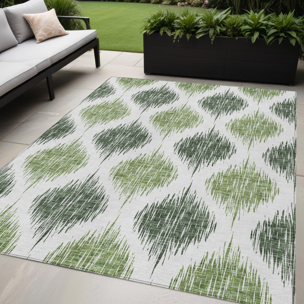 5' X 8' Fern Green And Ivory Ikat Washable Indoor Outdoor Area Rug