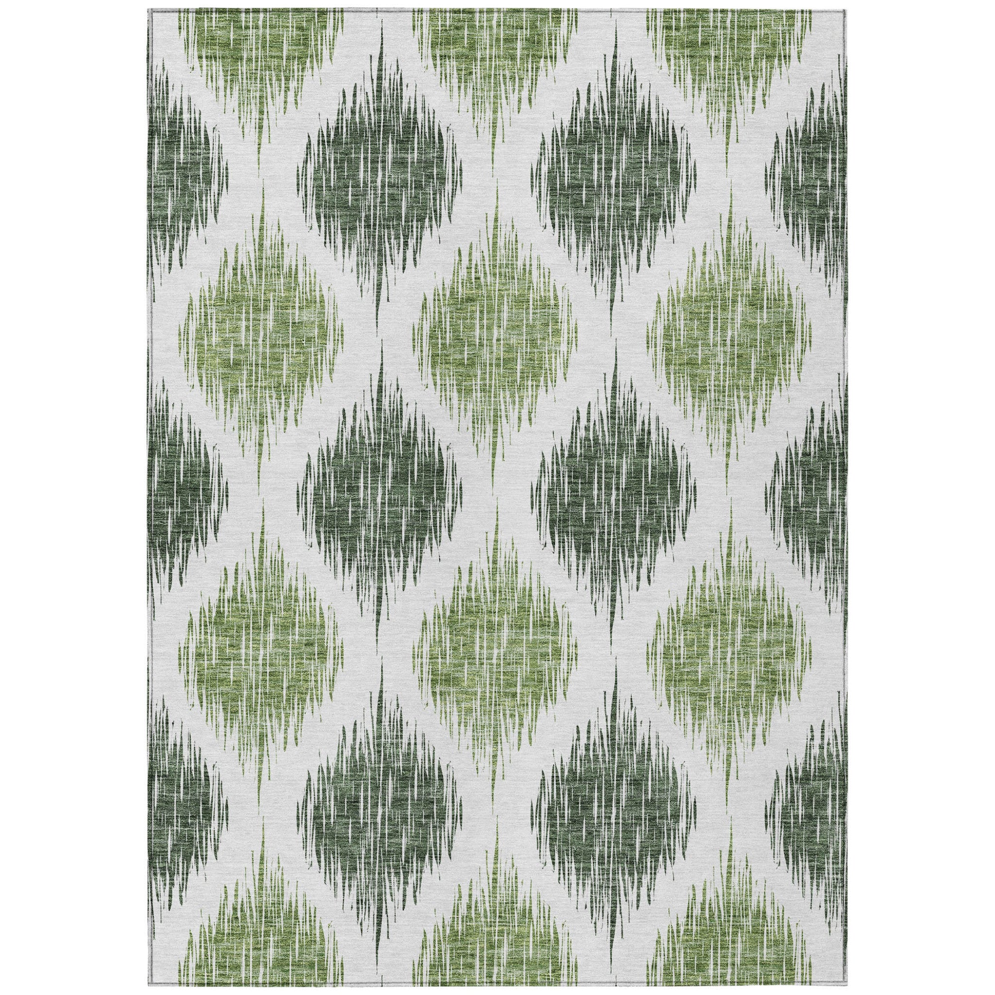 9' X 12' Fern Green And Ivory Ikat Washable Indoor Outdoor Area Rug