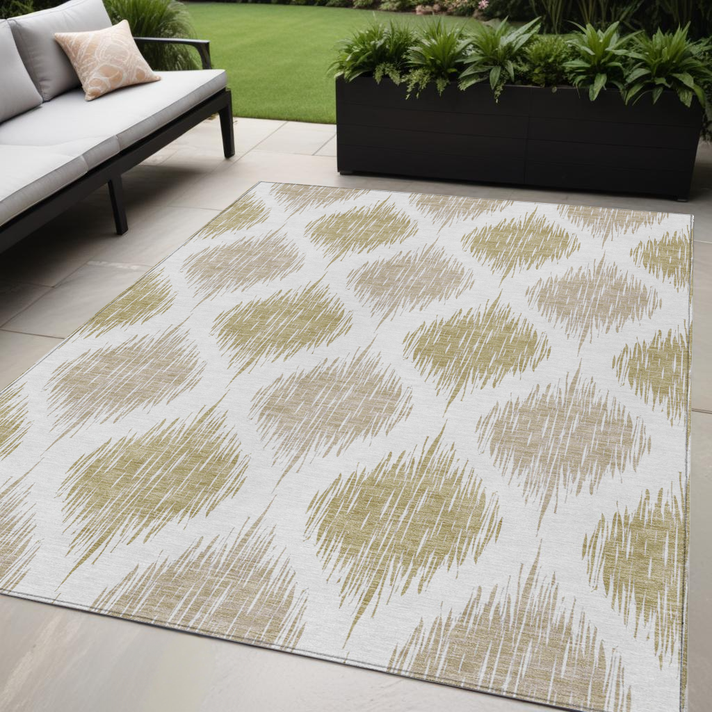 5' X 8' Gold Ivory And Beige Ikat Washable Indoor Outdoor Area Rug