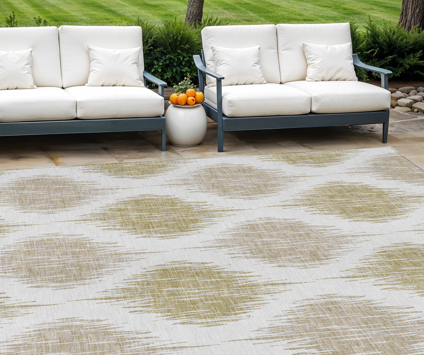 9' X 12' Gold Ivory And Beige Ikat Washable Indoor Outdoor Area Rug