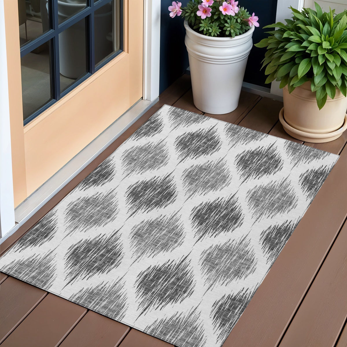 3' X 5' Gray Ivory And Charcoal Ikat Washable Indoor Outdoor Area Rug