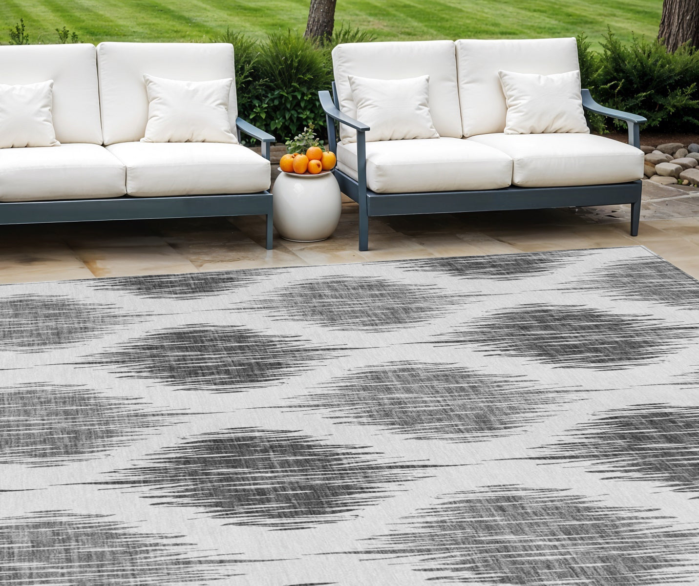 9' X 12' Gray Ivory And Charcoal Ikat Washable Indoor Outdoor Area Rug