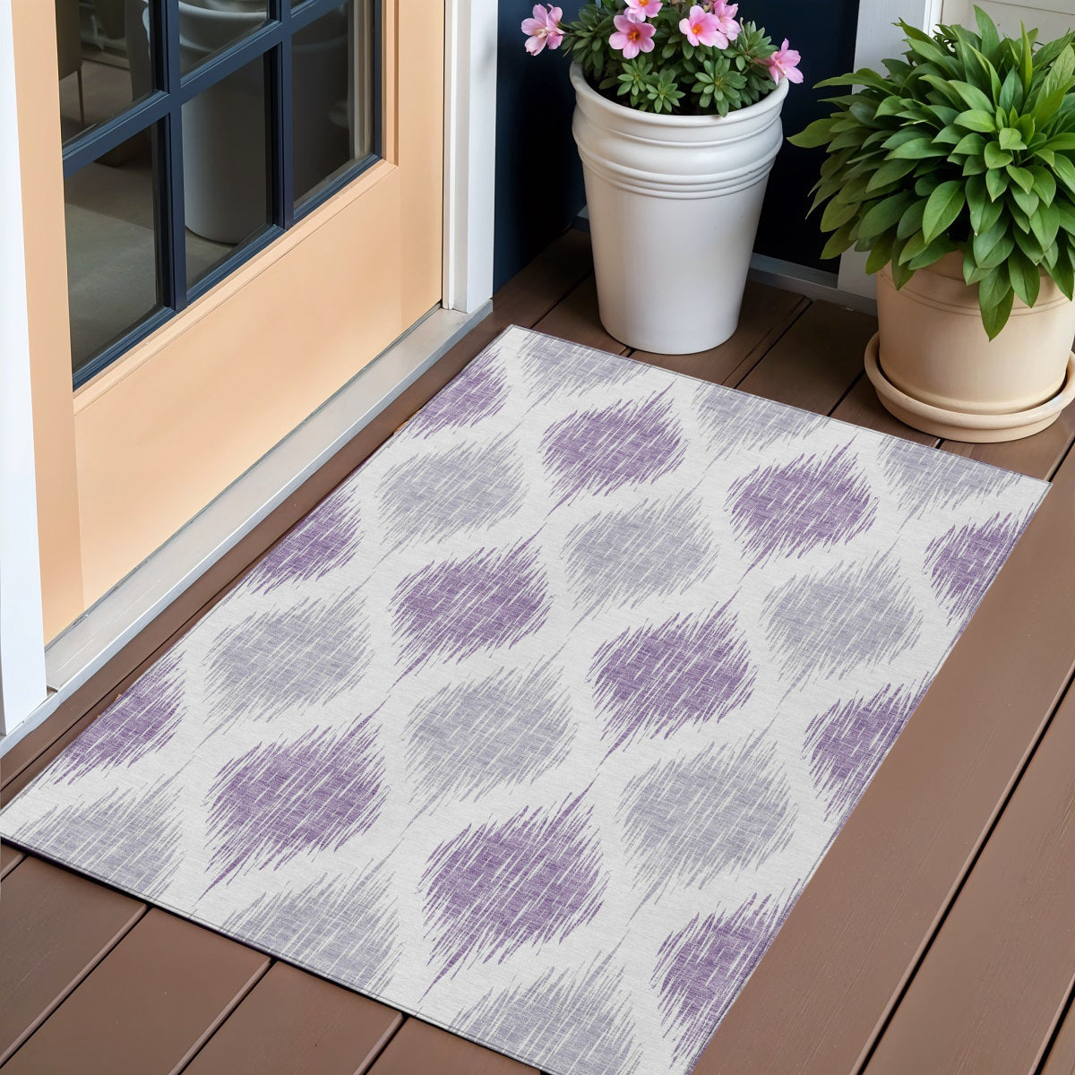 3' X 5' Lavender Purple And Ivory Ikat Washable Indoor Outdoor Area Rug
