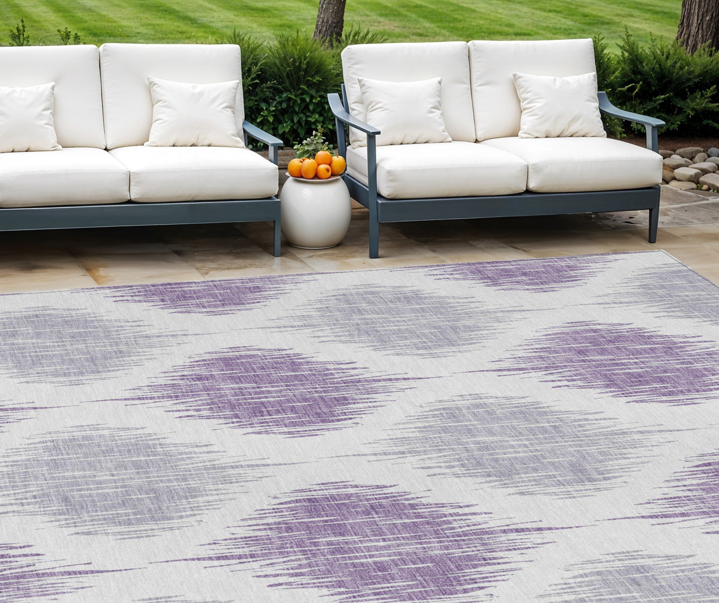 9' X 12' Lavender Purple And Ivory Ikat Washable Indoor Outdoor Area Rug