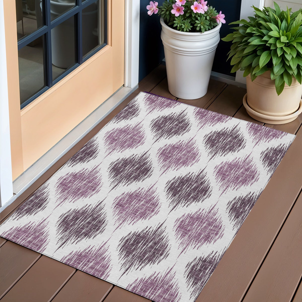 3' X 5' Purple Plum And Ivory Ikat Washable Indoor Outdoor Area Rug