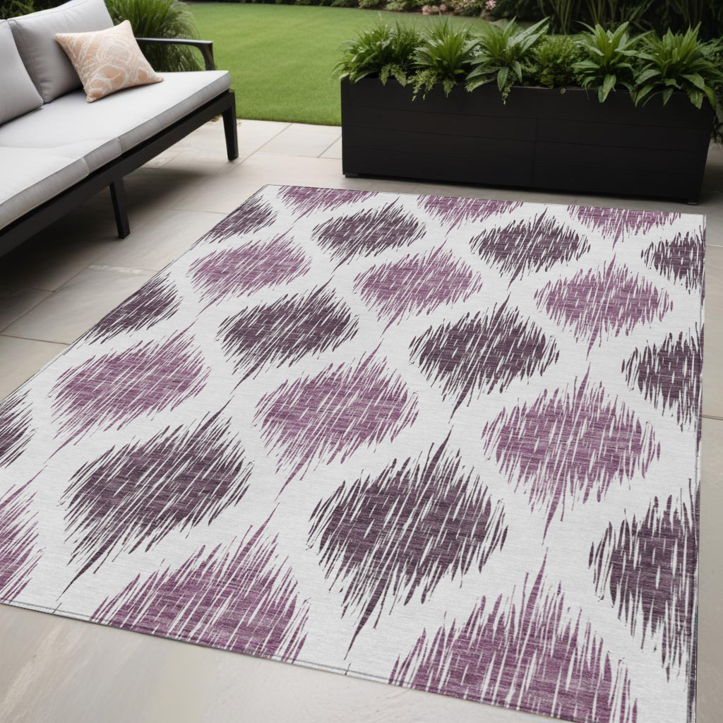 5' X 8' Purple Plum And Ivory Ikat Washable Indoor Outdoor Area Rug