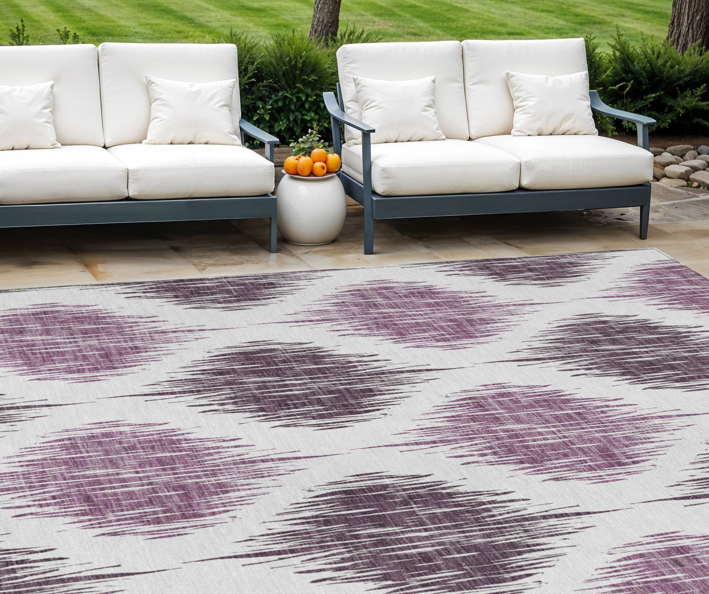 9' X 12' Purple Plum And Ivory Ikat Washable Indoor Outdoor Area Rug