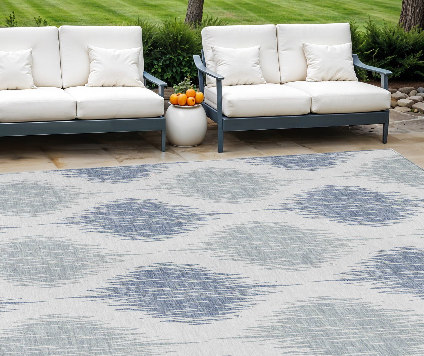 8' X 10' Sky Blue Ivory And Denim Blue Ikat Washable Indoor Outdoor Area Rug