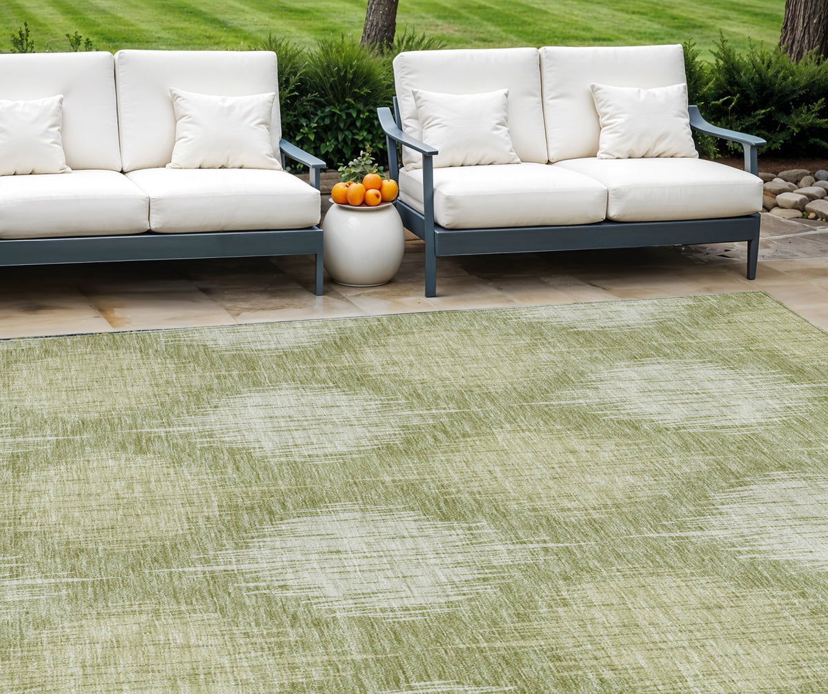 9' X 12' Artichoke Green And Fern Green Ikat Washable Indoor Outdoor Area Rug