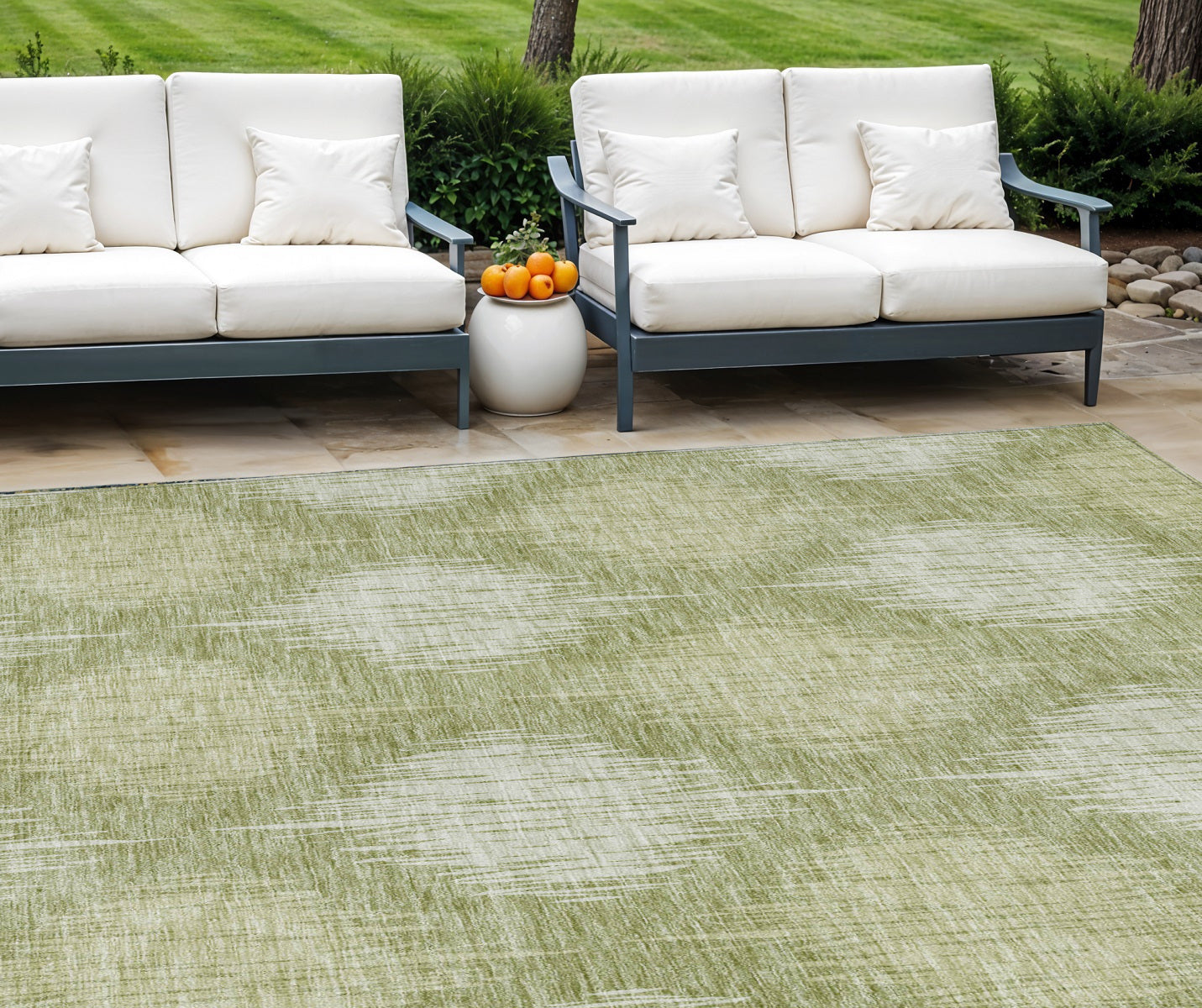 10' X 14' Artichoke Green And Fern Green Ikat Washable Indoor Outdoor Area Rug