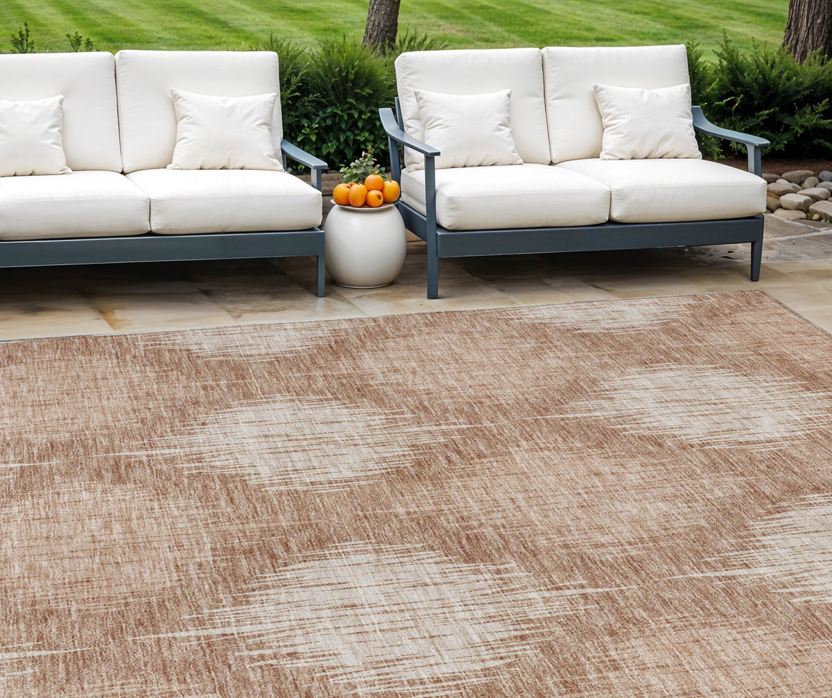 9' X 12' Coral And Terra Cotta Ikat Washable Indoor Outdoor Area Rug