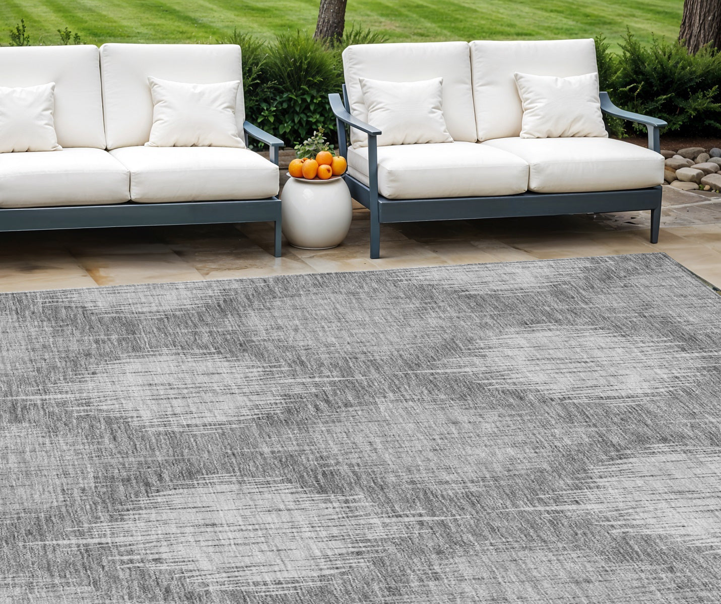 9' X 12' Gray Silver And Charcoal Ikat Washable Indoor Outdoor Area Rug