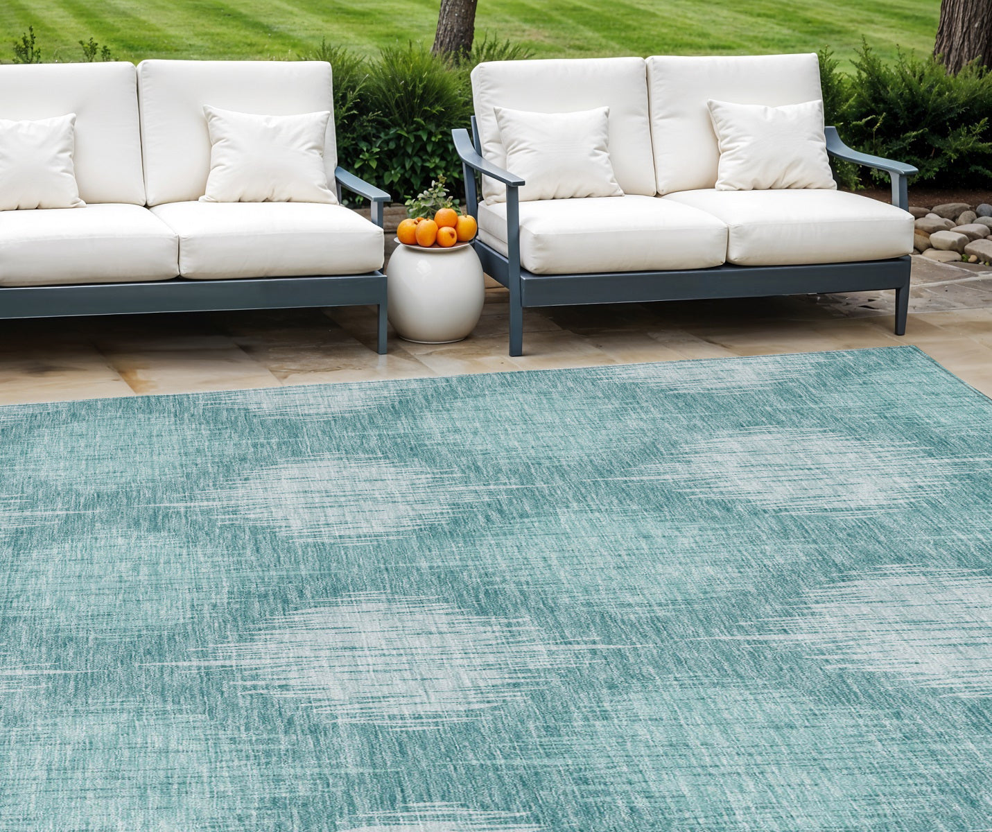 9' X 12' Teal Blue And Mint Green Ikat Washable Indoor Outdoor Area Rug