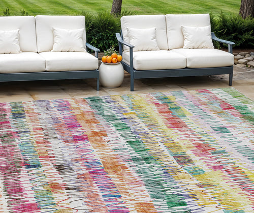 10' X 14' Green Ivory And Purple Striped Washable Indoor Outdoor Area Rug