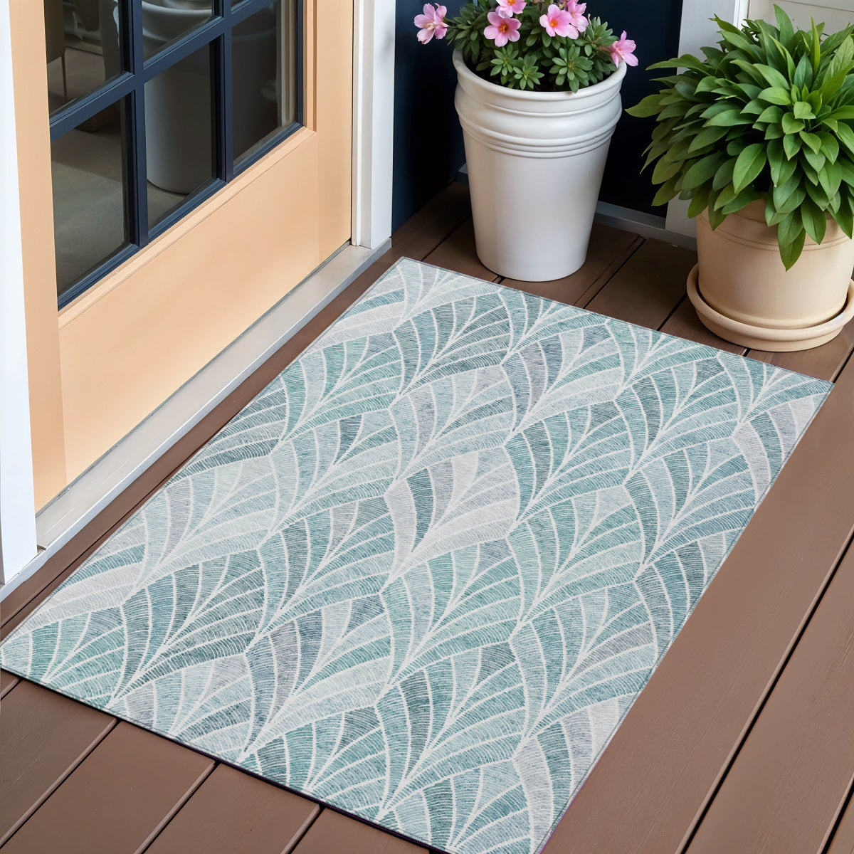 3' X 5' Aqua Mint Green And Silver Geometric Washable Indoor Outdoor Area Rug