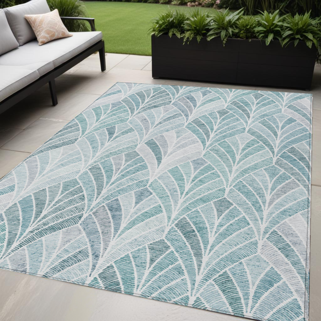5' X 8' Aqua Mint Green And Silver Geometric Washable Indoor Outdoor Area Rug