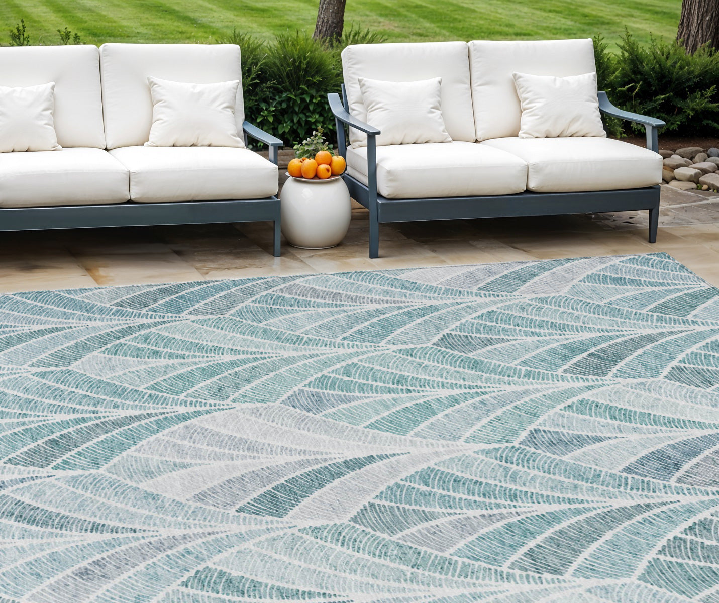 10' X 14' Aqua Mint Green And Silver Geometric Washable Indoor Outdoor Area Rug