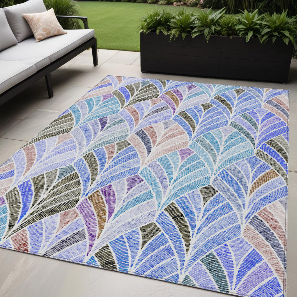 5' X 8' Blue Brown And Purple Geometric Washable Indoor Outdoor Area Rug