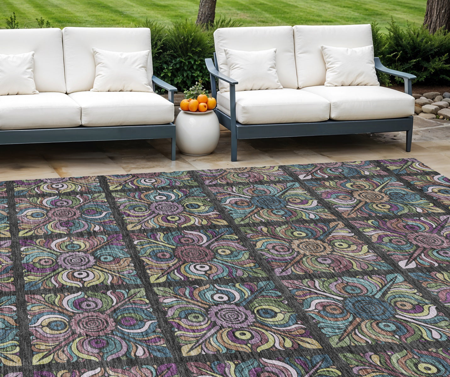 10' X 14' Black Purple And Teal Blue Medallion Washable Indoor Outdoor Area Rug