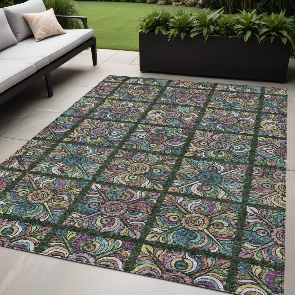 5' X 8' Fern Green Purple And Teal Blue Medallion Washable Indoor Outdoor Area Rug