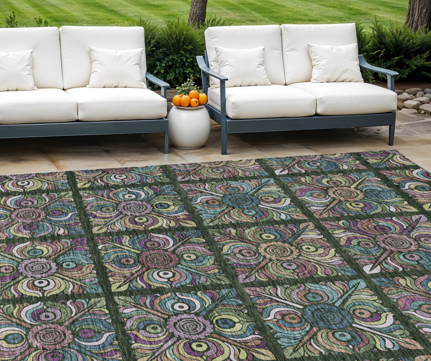 9' X 12' Fern Green Purple And Teal Blue Medallion Washable Indoor Outdoor Area Rug