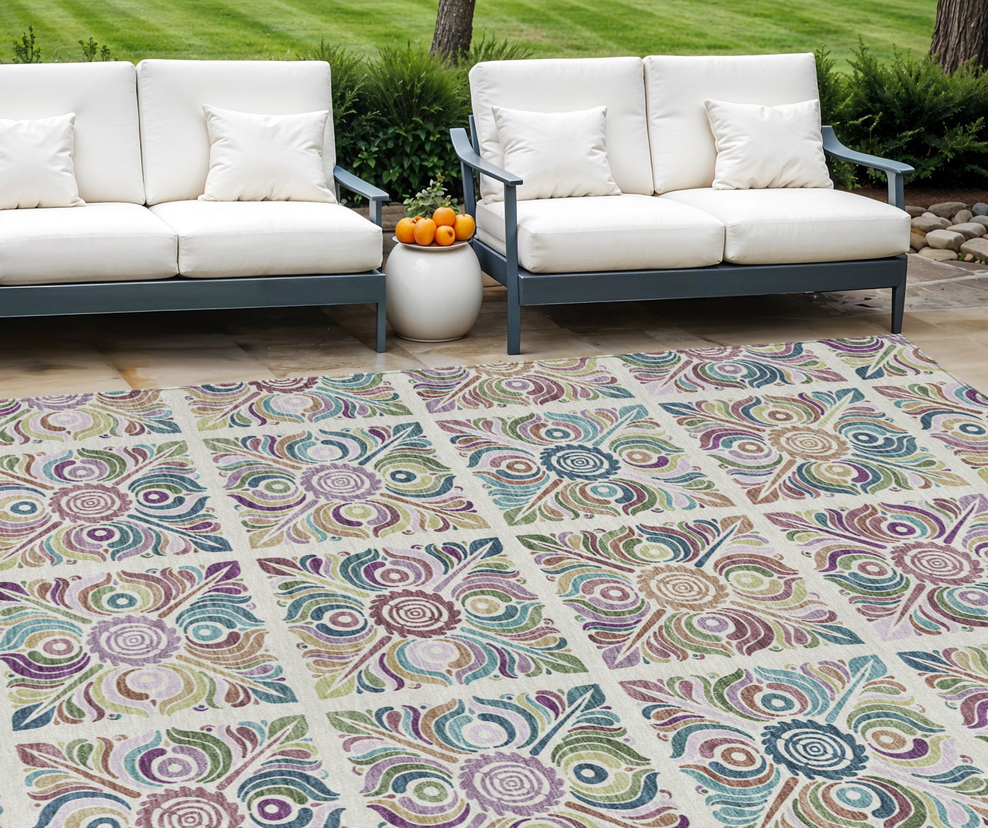 9' X 12' Ivory Purple And Teal Blue Medallion Washable Indoor Outdoor Area Rug