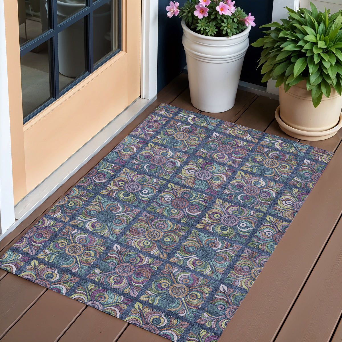 3' X 5' Navy Blue Purple And Teal Blue Medallion Washable Indoor Outdoor Area Rug