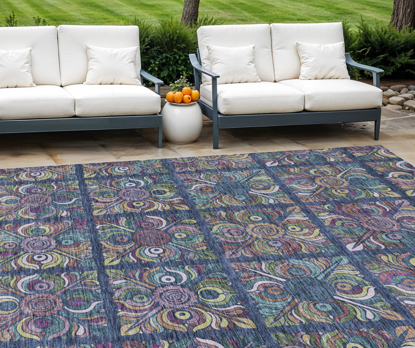 9' X 12' Navy Blue Purple And Teal Blue Medallion Washable Indoor Outdoor Area Rug