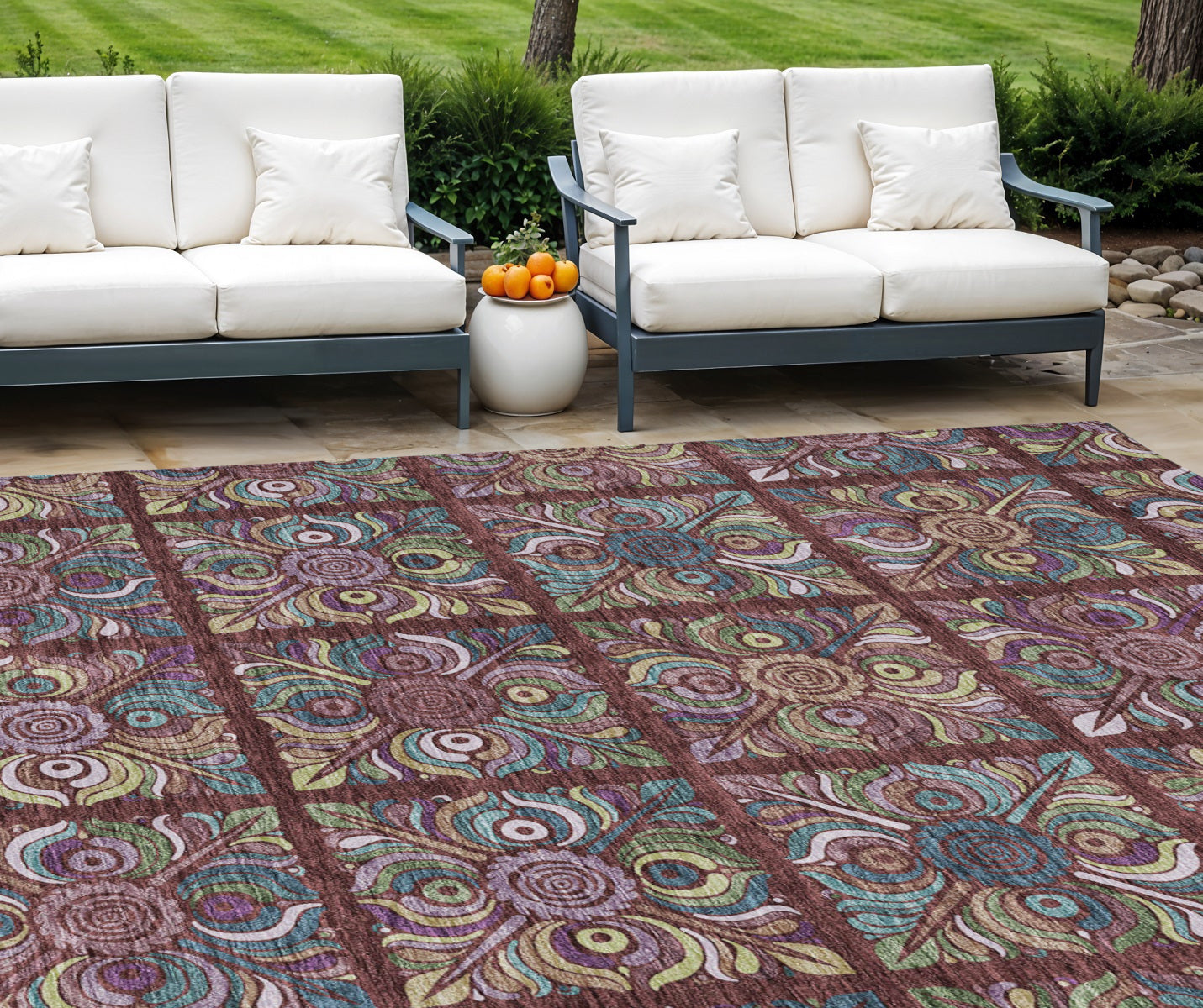9' X 12' Orange Purple And Teal Blue Medallion Washable Indoor Outdoor Area Rug