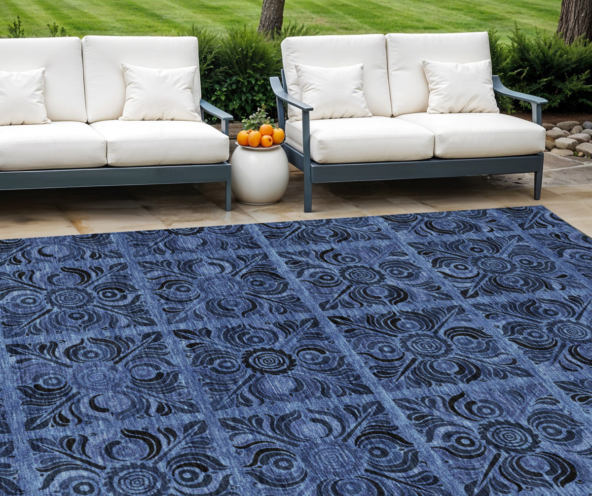 10' X 14' Denim Blue And Charcoal Medallion Washable Indoor Outdoor Area Rug