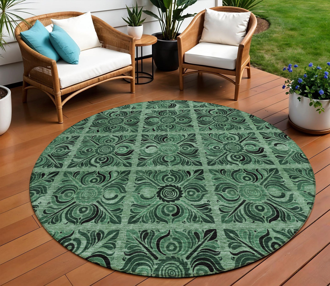 8' Fern Green And Charcoal Round Medallion Washable Indoor Outdoor Area Rug