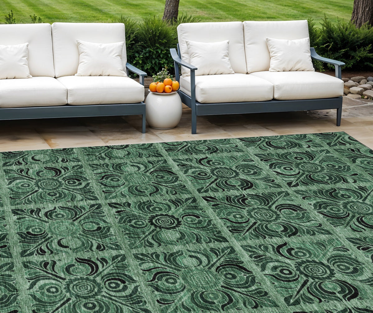 9' X 12' Fern Green And Charcoal Medallion Washable Indoor Outdoor Area Rug