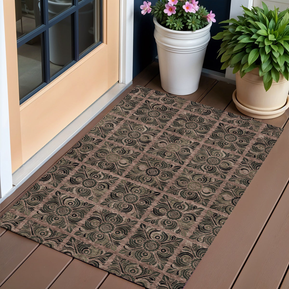 3' X 5' Orange Copper And Charcoal Medallion Washable Indoor Outdoor Area Rug