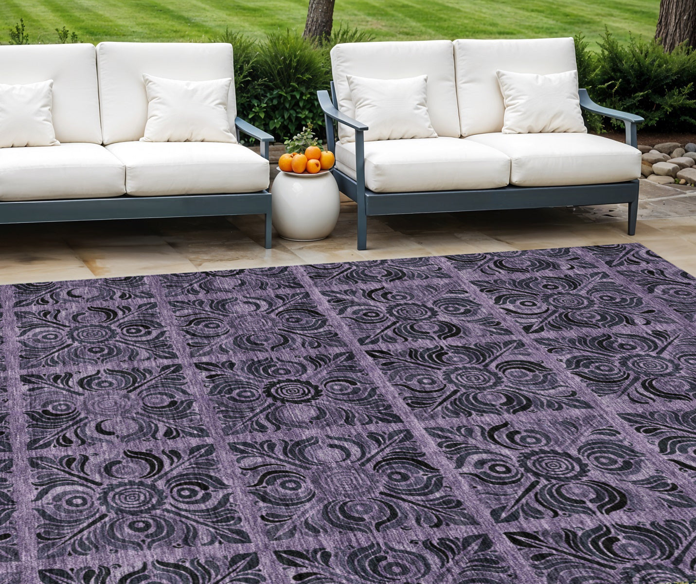 9' X 12' Purple Plum And Charcoal Medallion Washable Indoor Outdoor Area Rug
