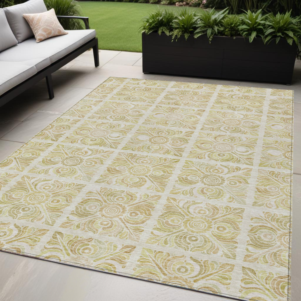 5' X 8' Beige And Tan Medallion Washable Indoor Outdoor Area Rug