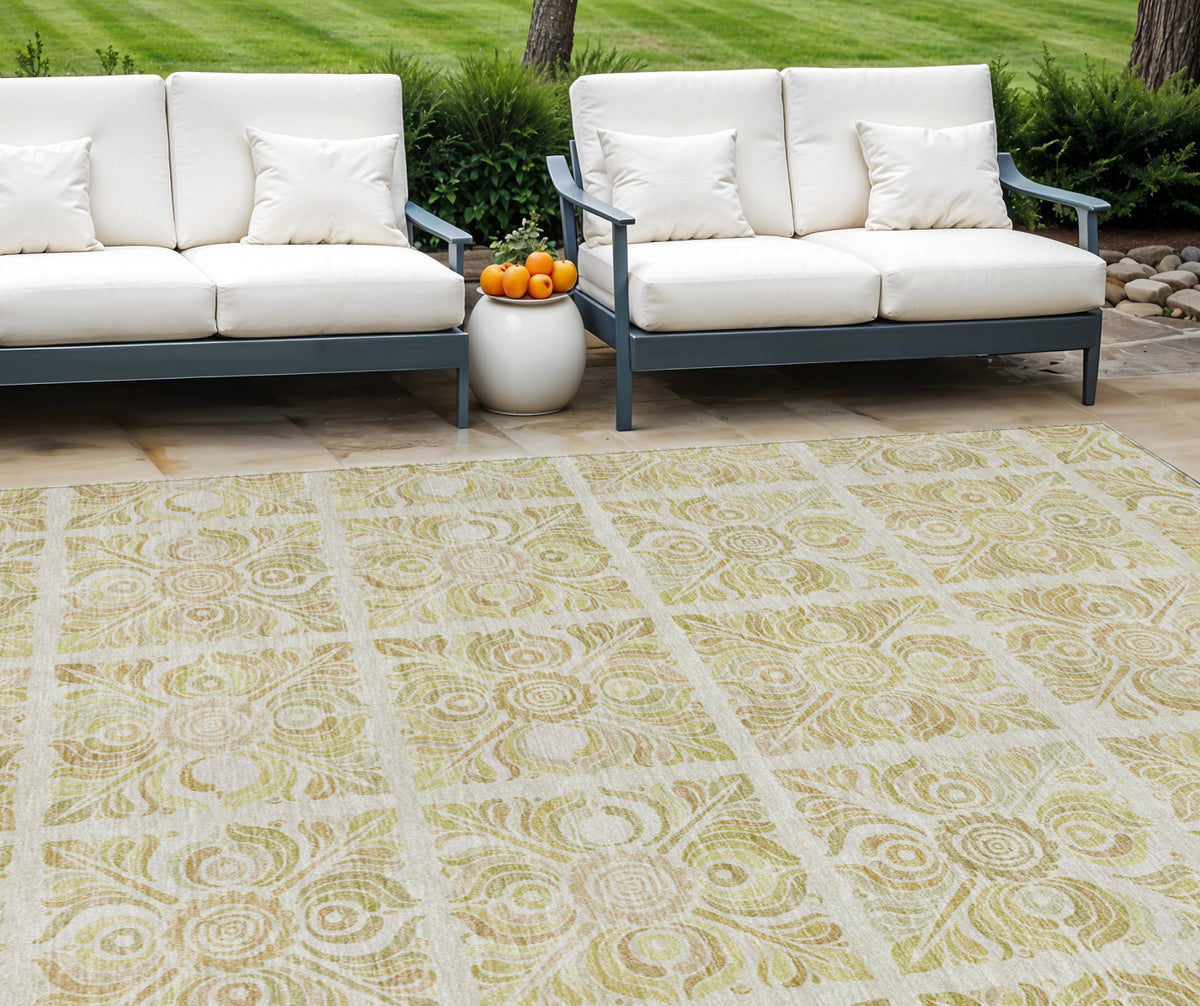 9' X 12' Beige And Tan Medallion Washable Indoor Outdoor Area Rug