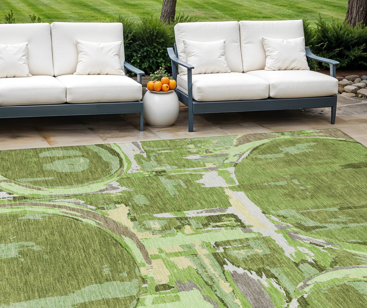 9' X 12' Artichoke Green And Fern Green Geometric Washable Indoor Outdoor Area Rug