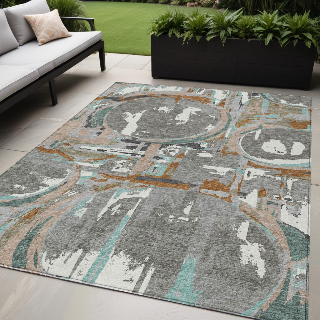5' X 8' Gray Copper And Mint Green Geometric Washable Indoor Outdoor Area Rug
