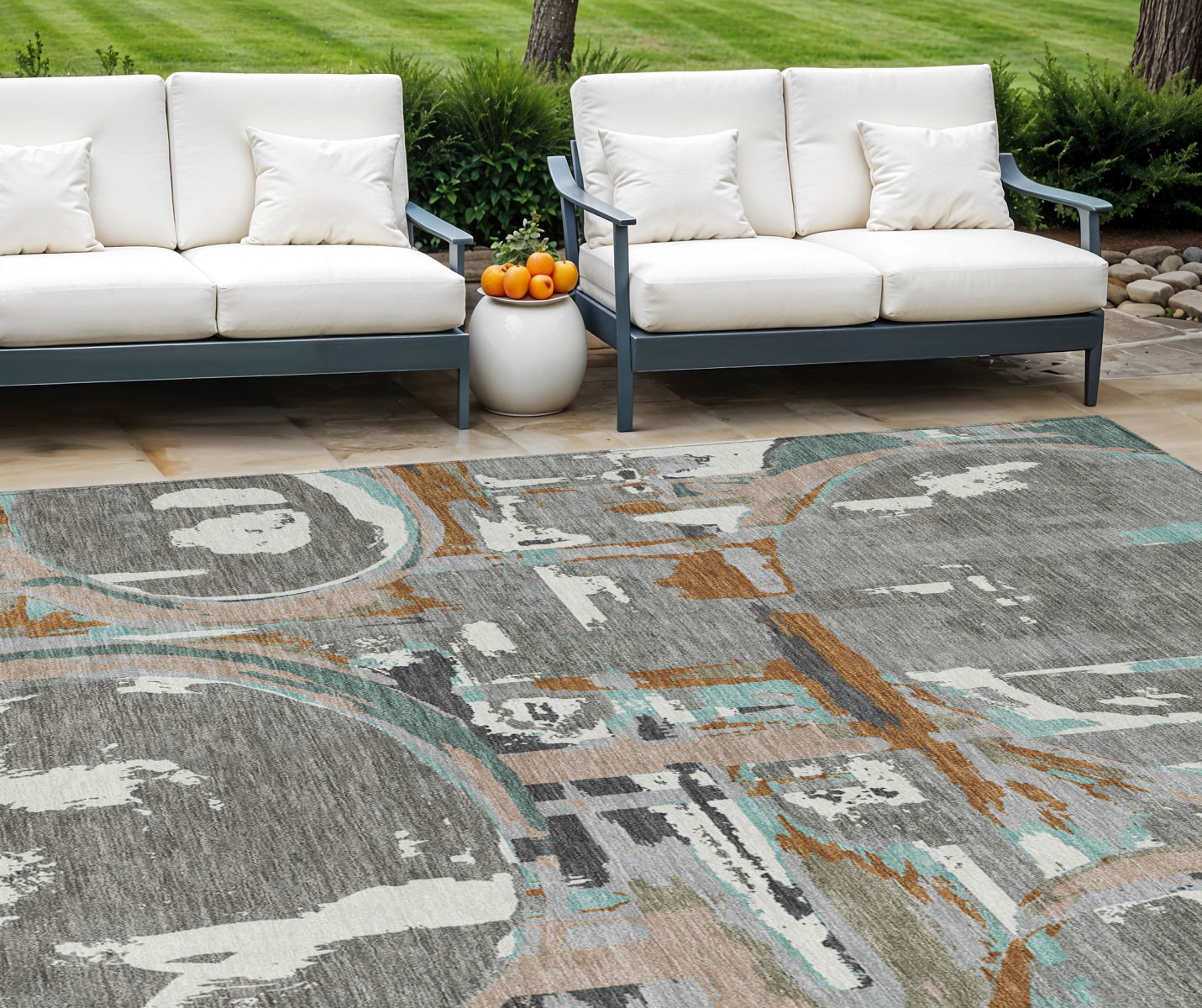 10' X 14' Gray Copper And Mint Green Geometric Washable Indoor Outdoor Area Rug