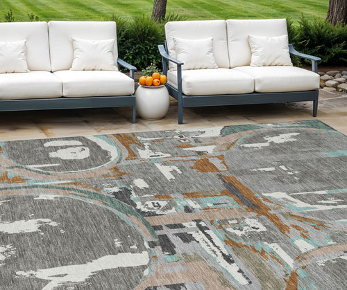 10' X 14' Gray Copper And Mint Green Geometric Washable Indoor Outdoor Area Rug