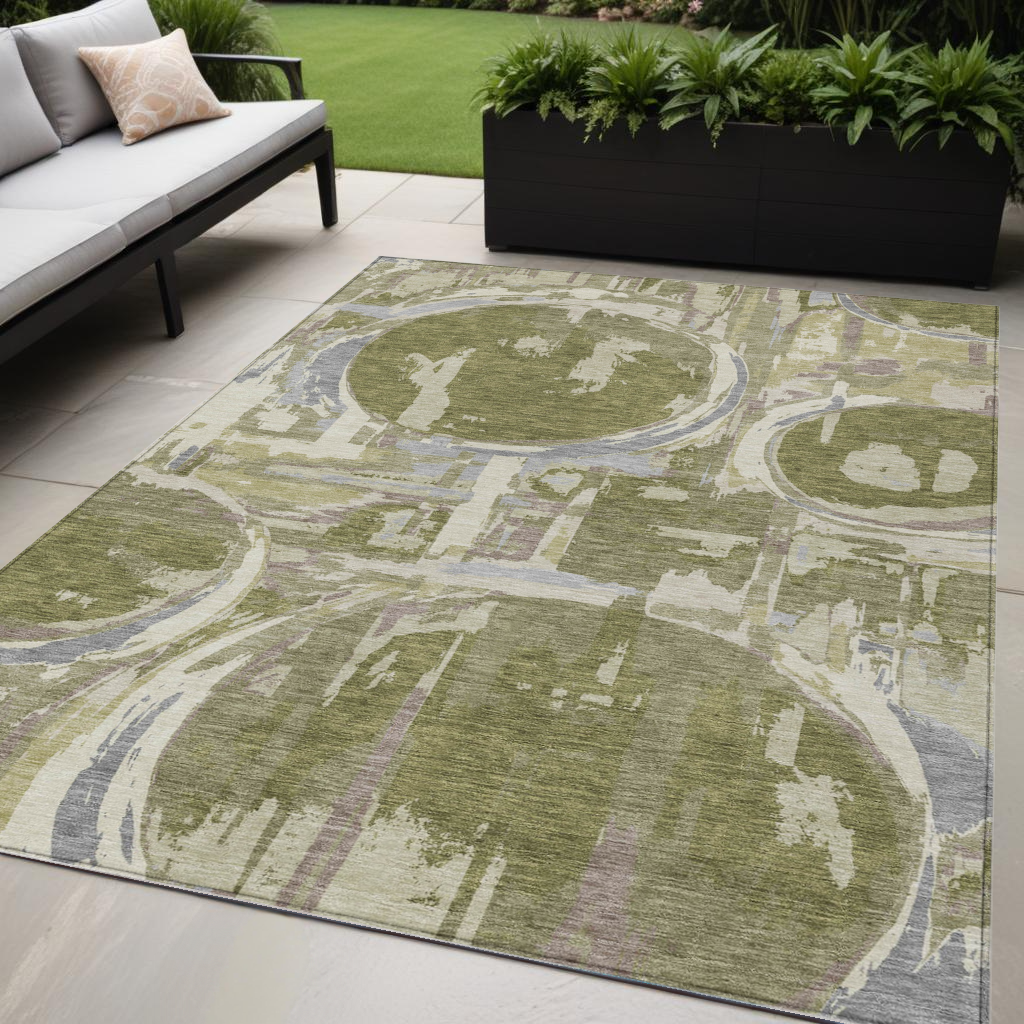 5' X 8' Olive Green Gray And Beige Geometric Washable Indoor Outdoor Area Rug