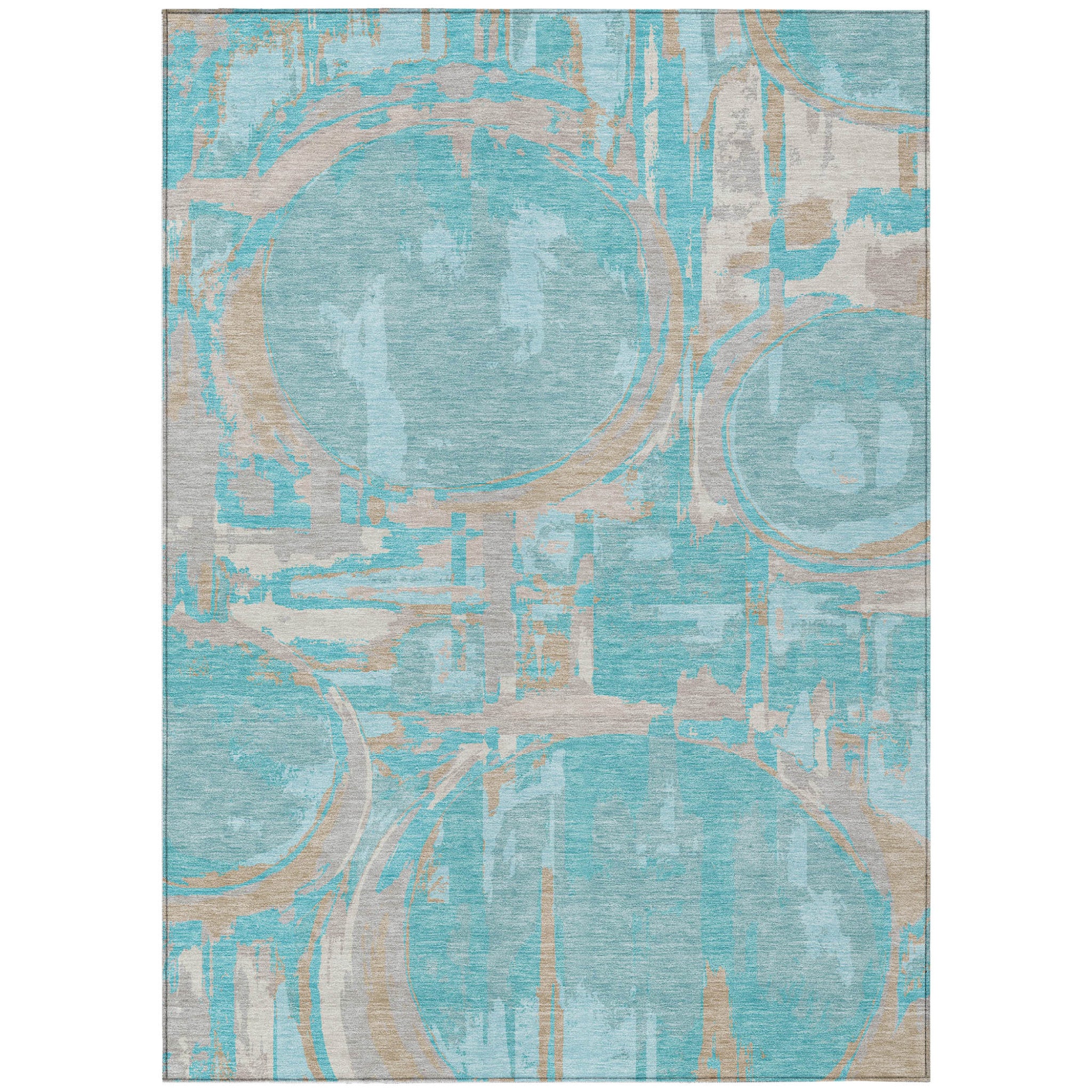 3' X 5' Teal Blue Aqua And Taupe Geometric Washable Indoor Outdoor Area Rug