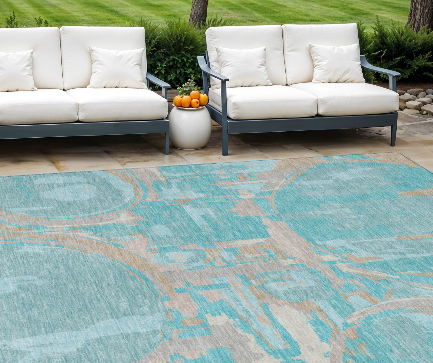 8' X 10' Teal Blue Aqua And Taupe Geometric Washable Indoor Outdoor Area Rug