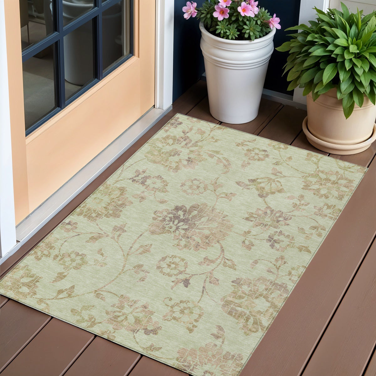 3' X 5' Artichoke Green Mint Green And Taupe Floral Washable Indoor Outdoor Area Rug