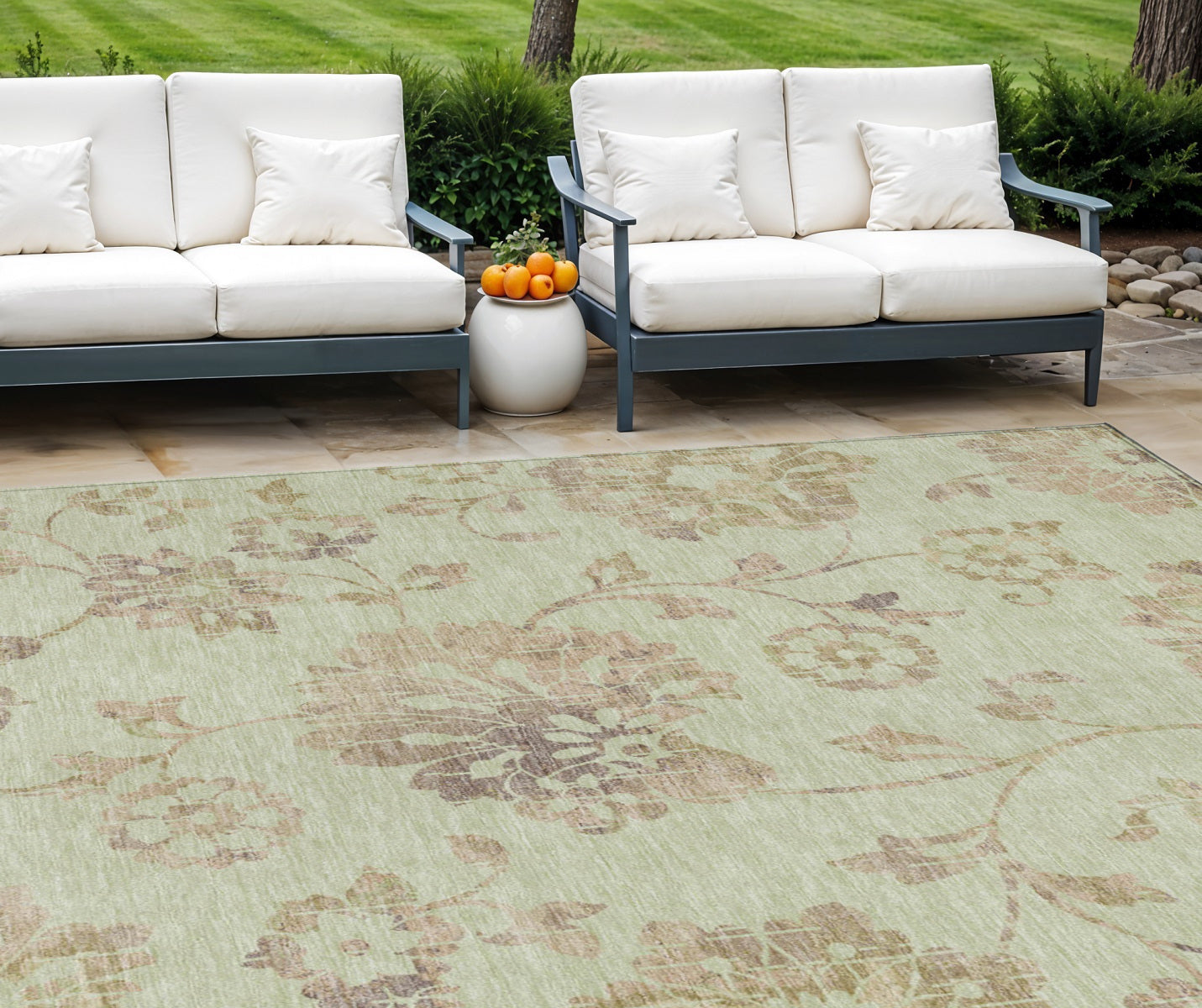10' X 14' Artichoke Green Mint Green And Taupe Floral Washable Indoor Outdoor Area Rug