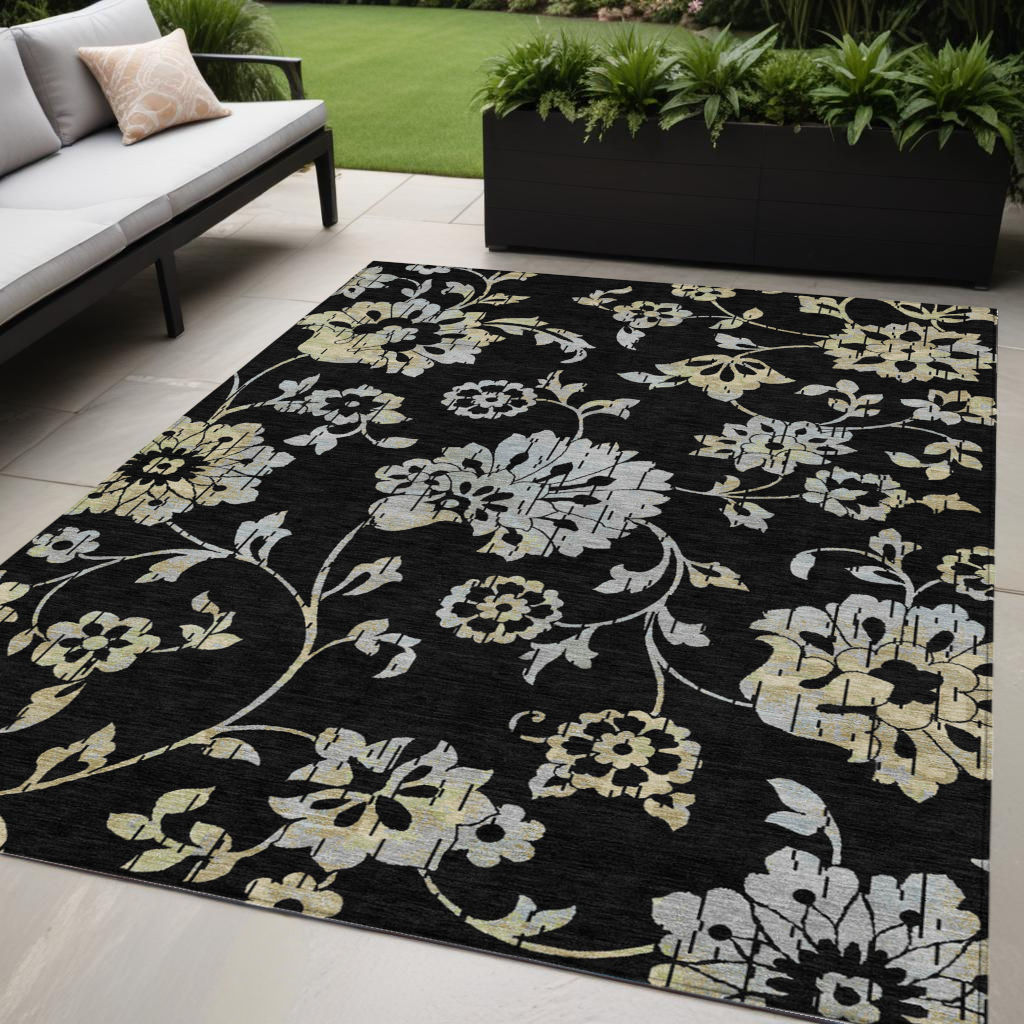 5' X 8' Black Artichoke Green And Silver Floral Washable Indoor Outdoor Area Rug