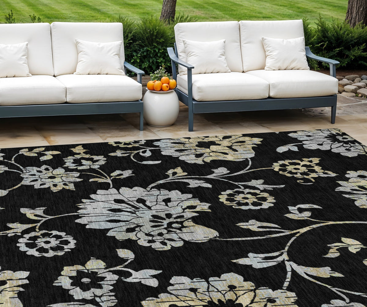 9' X 12' Black Artichoke Green And Silver Floral Washable Indoor Outdoor Area Rug
