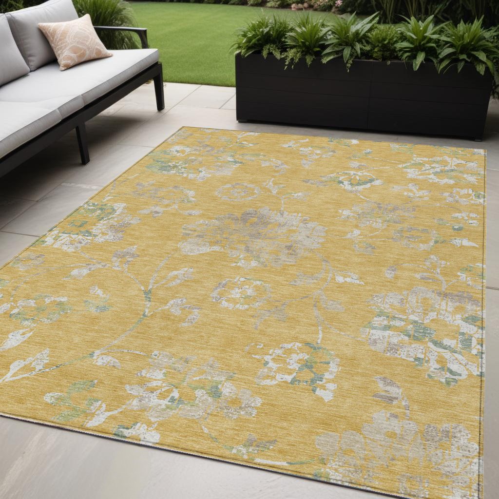 5' X 8' Gold Beige And Fern Green Floral Washable Indoor Outdoor Area Rug