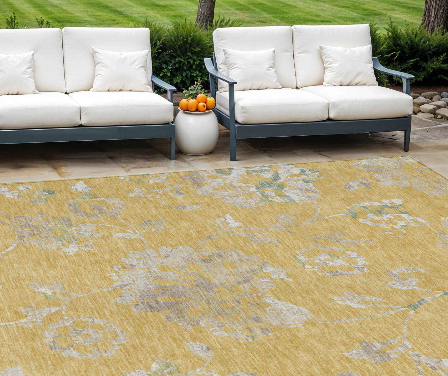 9' X 12' Gold Beige And Fern Green Floral Washable Indoor Outdoor Area Rug